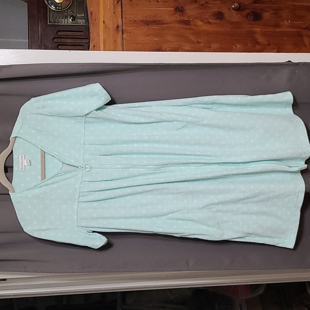 Miss Elaine Womens Robe Mint Green White Polka-dots Zips‎ Pockets Sz. S GUC READ